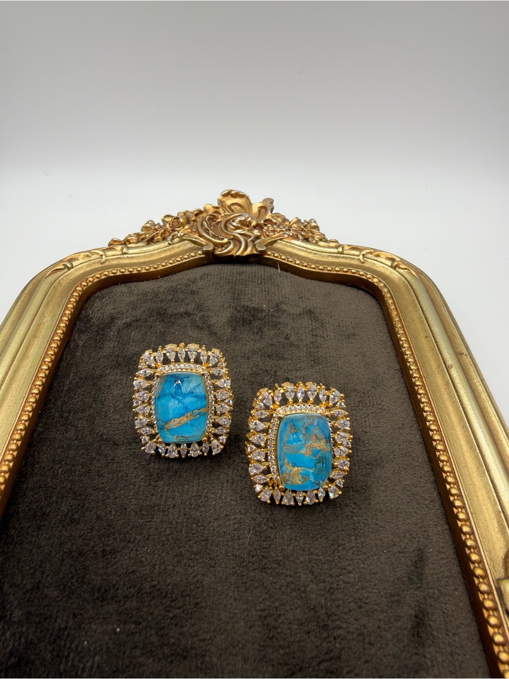 Faux Turquoise & Crystal Oval Halo Stud Earrings in Gold-Tone
